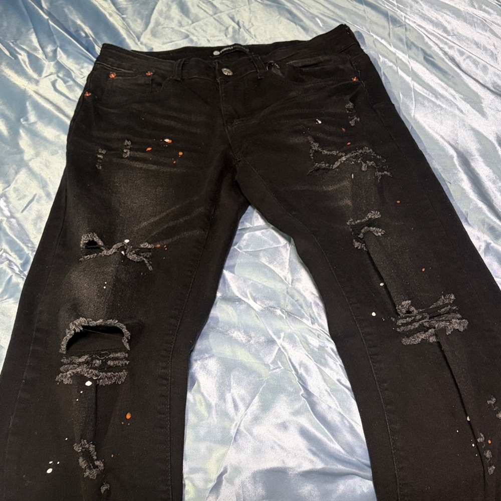 Black Distressed Paint-Splatter Skinny Jeans